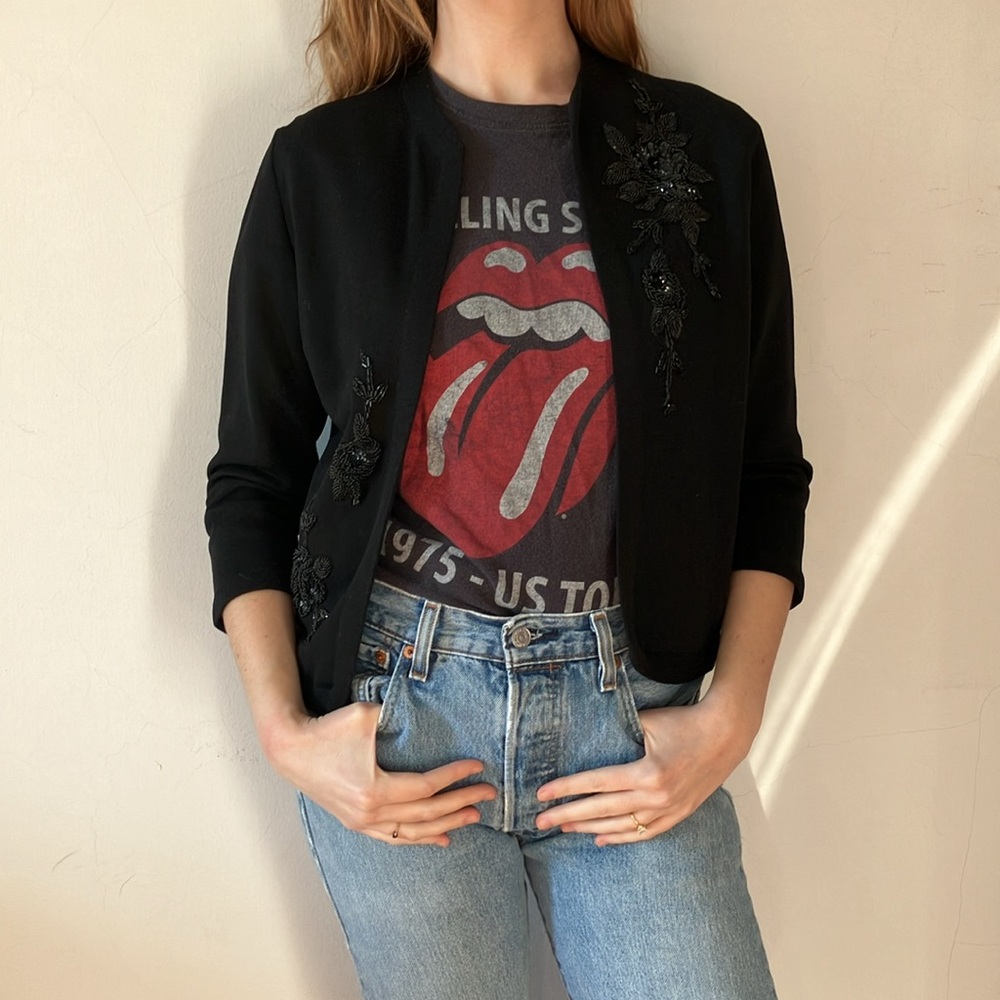 Vintage Floral Beaded Black 100% Wool 3/4 Length Sleeve Cardigan Sweater
